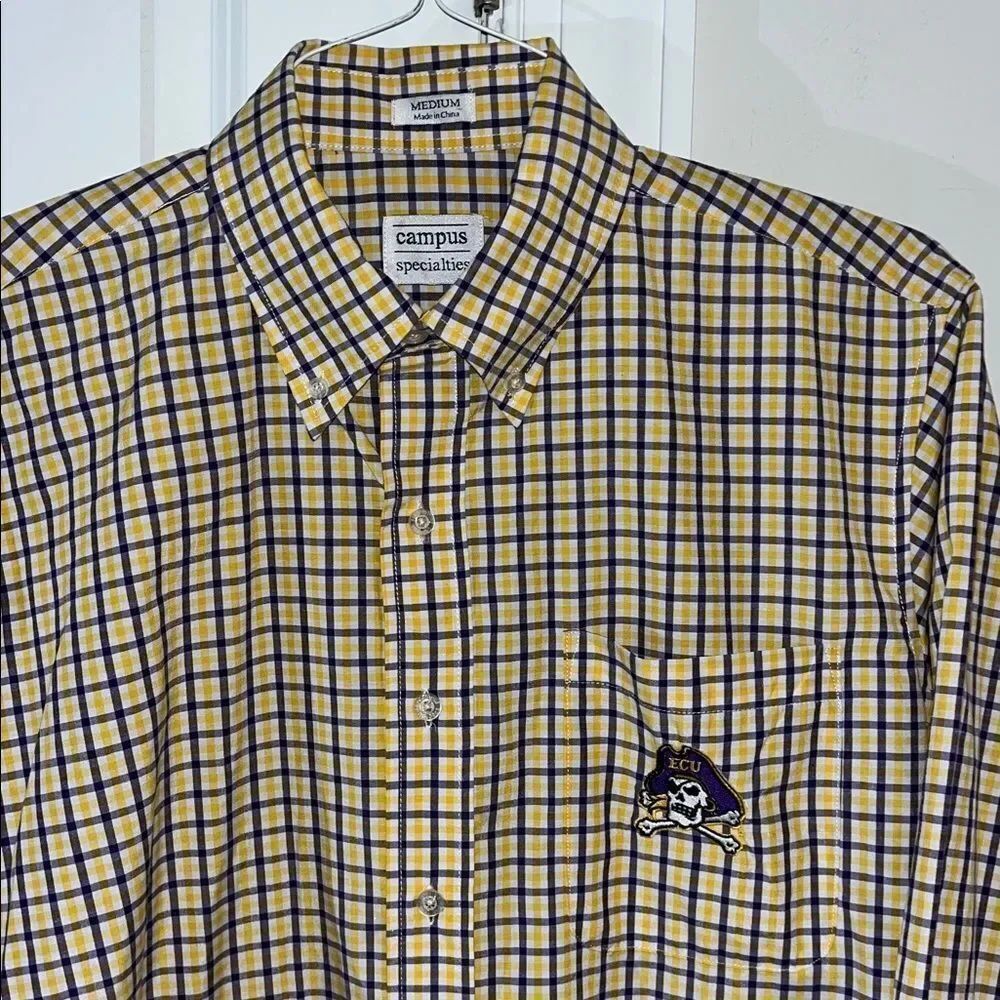 ECU East Carolina Pirates white purple gold check plaid LS work business shirt M
